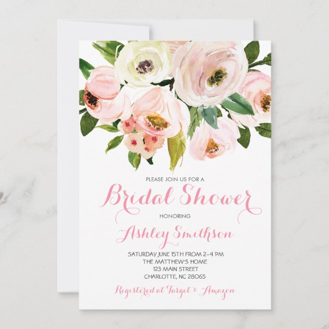 Pink Bridal Shower Invitations, pink flowers Invitation (Front)