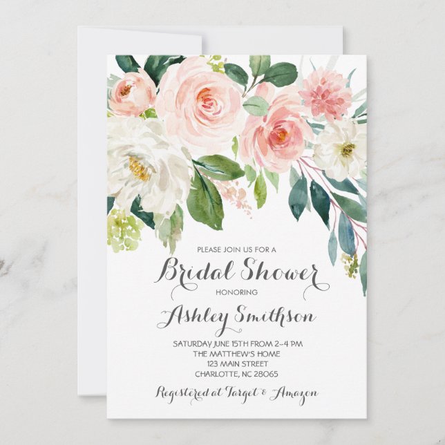 pink Bridal Shower Invitations, pink flowers Invitation (Front)