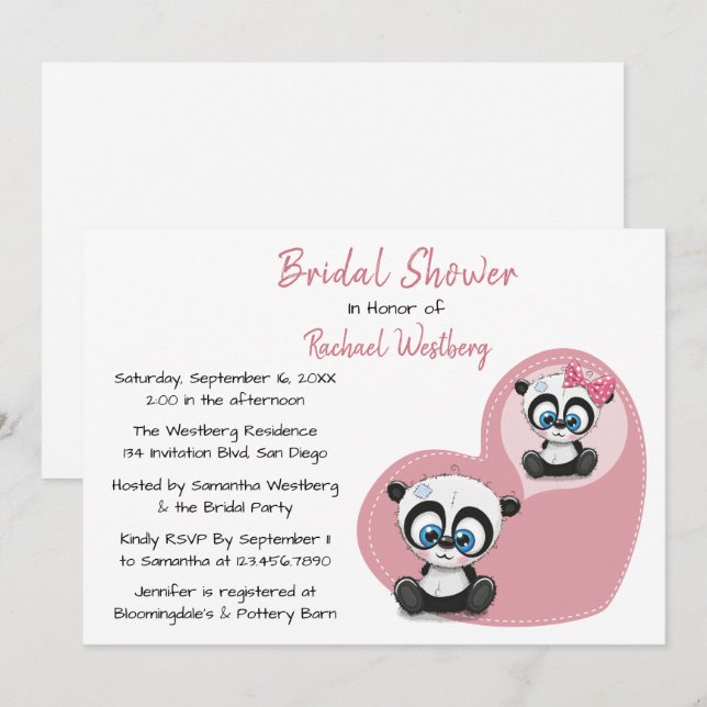 Pink Bridal Shower Panda Teddy Bear Heart Wedding Invitation (Front/Back)