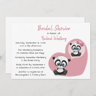 Pink Bridal Shower Panda Teddy Bear Heart Wedding Invitation