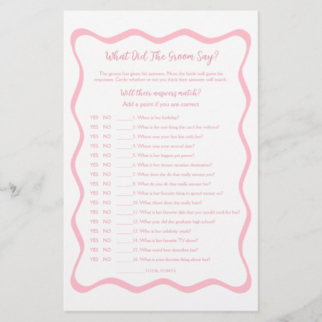 Pink Bridal Shower What Did the Groom Say Game (Front)