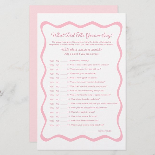 Pink Bridal Shower What Did the Groom Say Game (Front/Back)