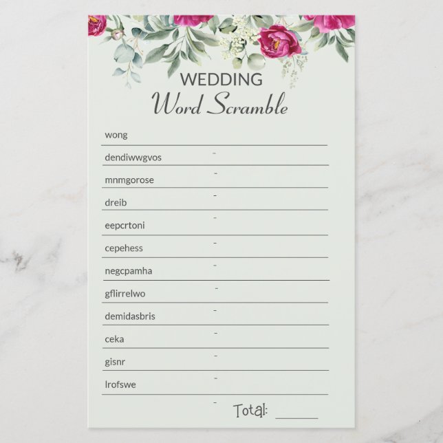 Pink Bridal Shower Word Scramble Game (Front)