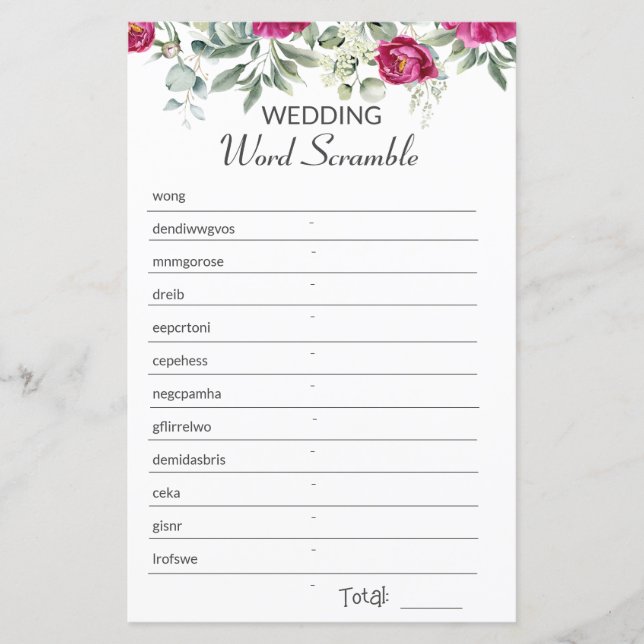 Pink Bridal Shower Word Scramble Game (Front)