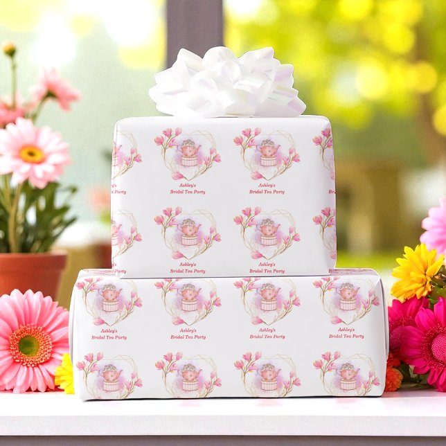Pink Bridal Tea Party Rose Gold Floral Name Wrapping Paper (Creator Uploaded)