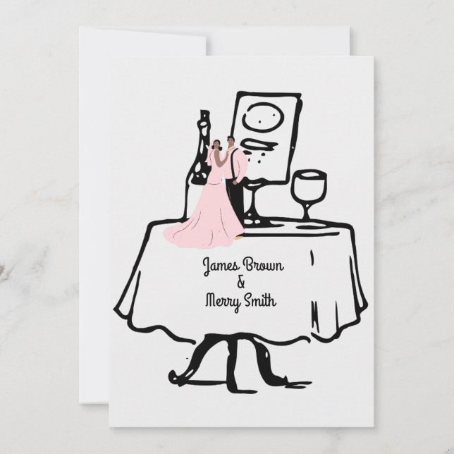 Pink Bride and Groom Table Black and White Wedding Invitation (Front)