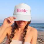 Pink Bride Bachelorette Trucker Hat<br><div class="desc">Fun,  flirty pink with simple vertical block lettering for the bride to wear at the bachelorette party. Pretty keepsake favour for your girls weekend! Message me if you want something different than what you see here-happy to create something custom for you.</div>