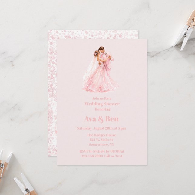 Pink Bride & Groom Dancing Wedding Shower Invitation (Front/Back In Situ)