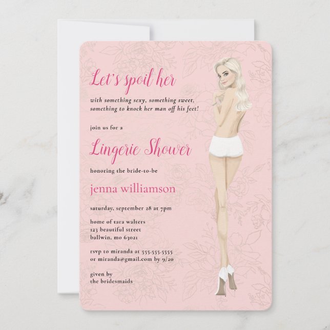 Pink bride in her panties lingerie shower invitation (Front)