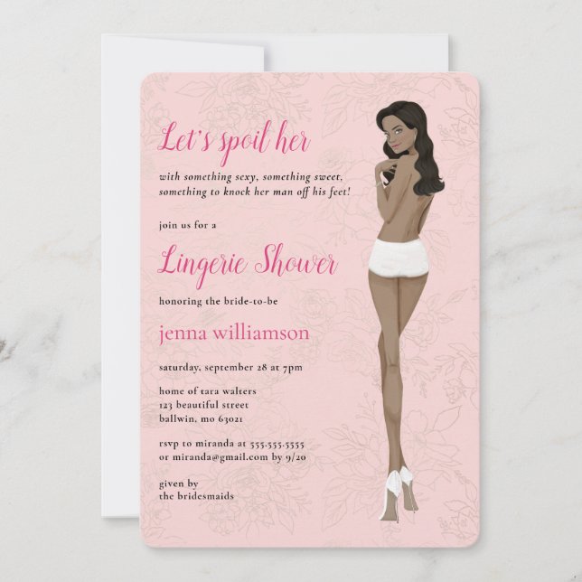 Pink bride in her panties lingerie shower invitation (Front)