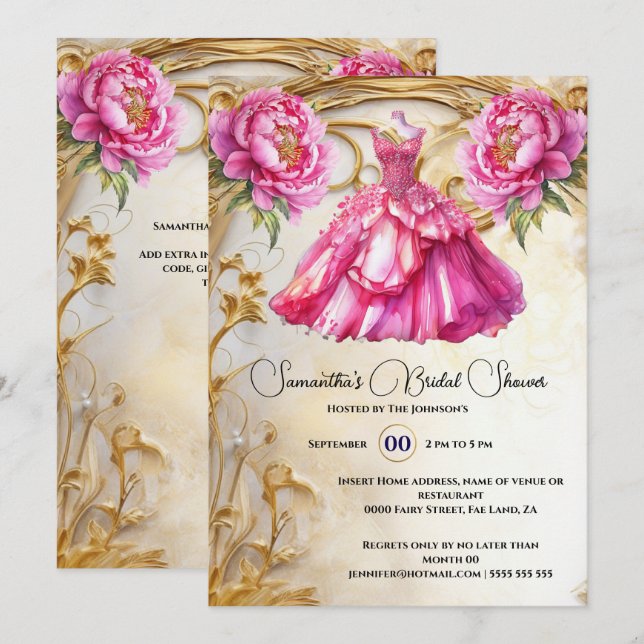 Pink bride to be floral ballgown peony flowers invitation (Front/Back)