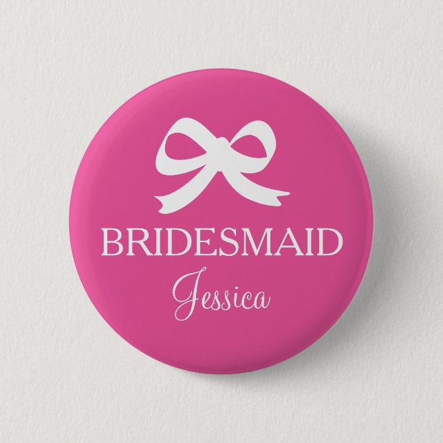 Pink bridesmaid badge buttons for wedding party (Front)