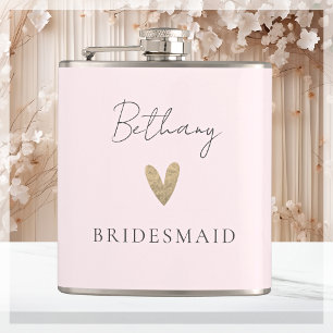 Pink Bridesmaid Heart Modern Script Hip Flask