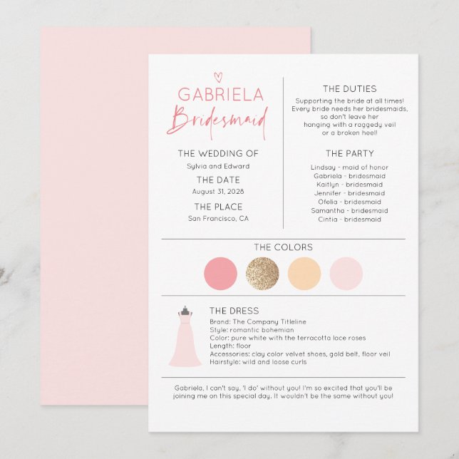 Pink Bridesmaid Proposal & Information (Front/Back)