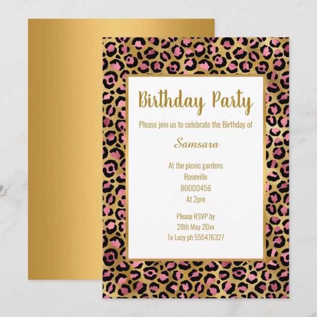 PINK BRIGHT LEOPARD GOLD ALL OCCASION BIRTHDAY  INVITATION (Front/Back)