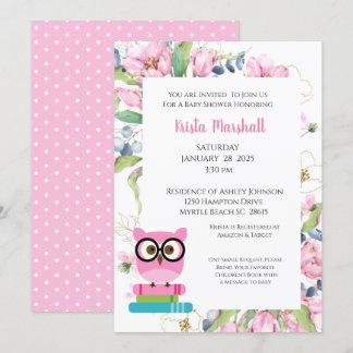 Pink Bring Book Owl Floral Baby Shower Invitation
