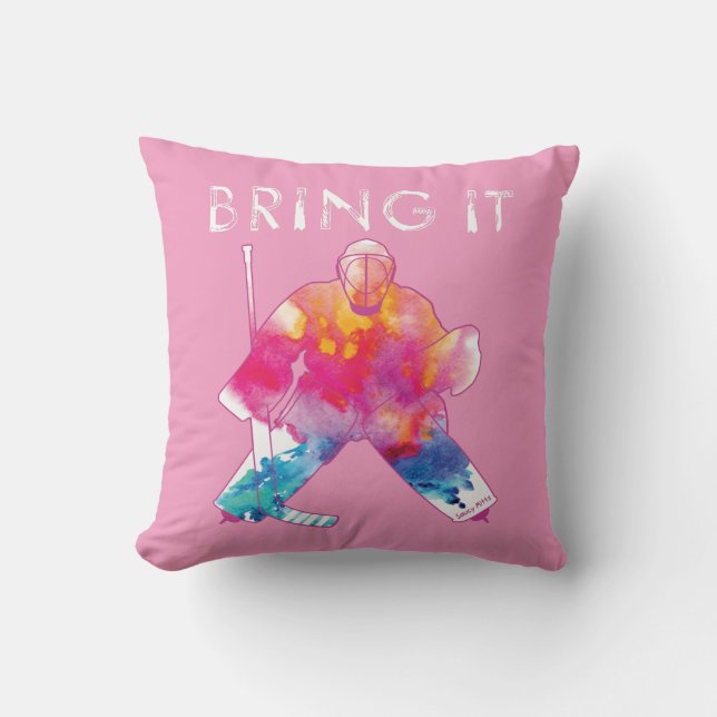 Pink Bring It Hockey Goalie Watercolor Reversible Cushion (Front)