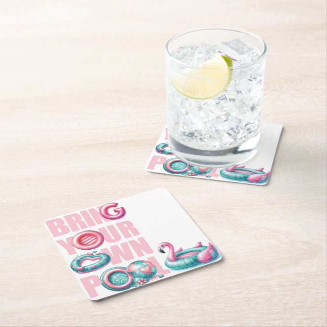 Pink Bring Your Own Pool Party Square Paper Coaster (Insitu)