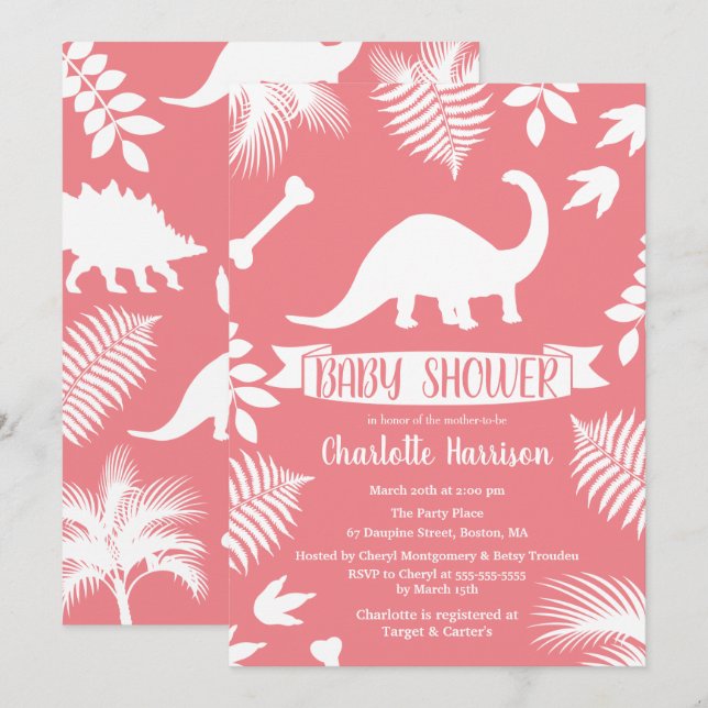 Pink Brontosaurus Dinosaur Baby Shower Invitation (Front/Back)