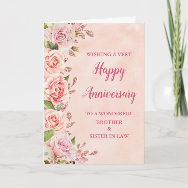 Pink Brother and Sister In Law Wedding Anniversary Card (Front)