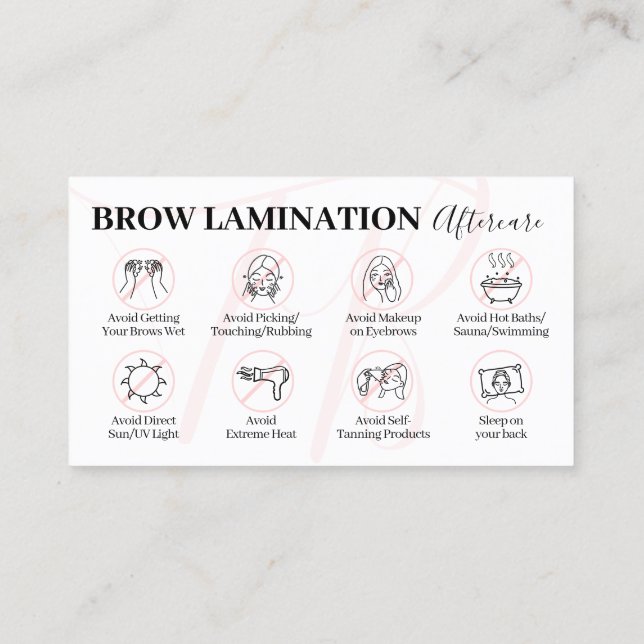 Pink Brow Lamination Aftercare Advice Instruction Business Card (Back)