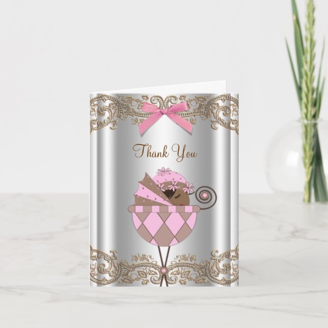 Pink Brown Baby Shower Thank You Cards (Front)