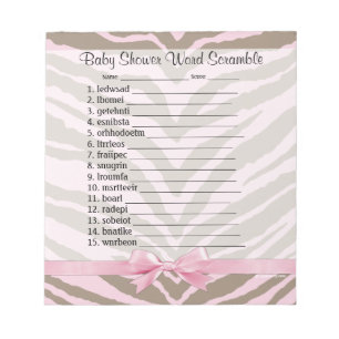 Pink/Brown Baby Shower Word Scramble Game 40 Pages Notepad