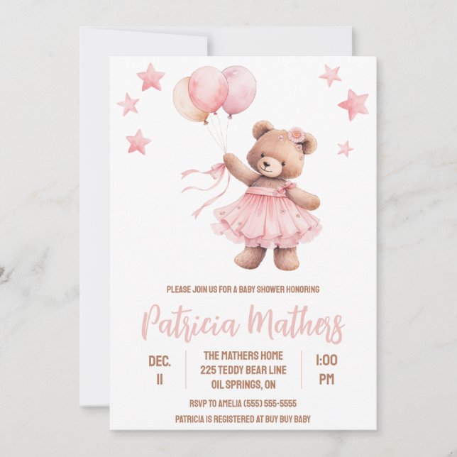 Pink & Brown Bear in Hot Air Balloon Baby Shower Invitation (Front)