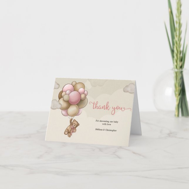 Pink brown beige balloons tedy bear thank you card (Front)