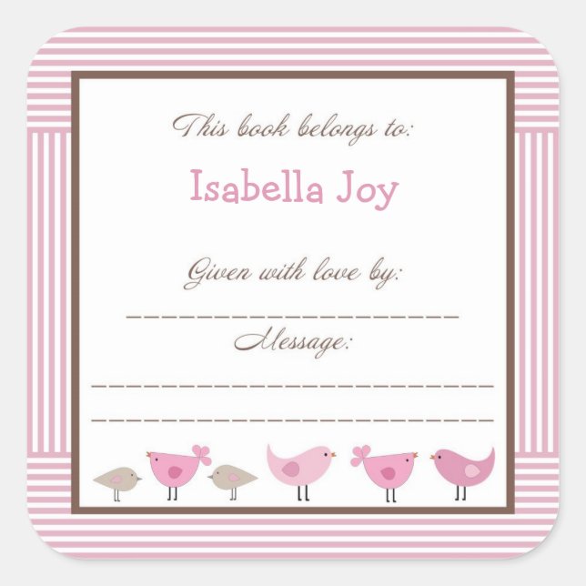 Pink Brown Birds Baby Shower Penelope Book Plate Square Sticker (Front)