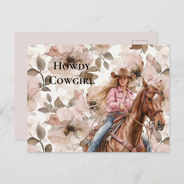 Pink Brown Blonde Cowgirl Southwestern Floral Howd Postcard (Front/Back)