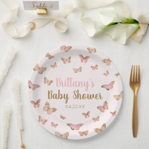 Pink Brown Butterfly Themed Baby Shower  Paper Plate