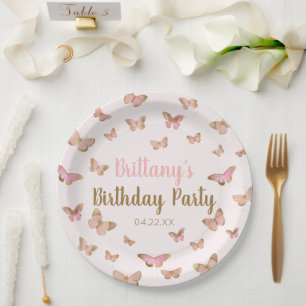 Pink Brown Butterfly Themed Birthday Party Paper Plate