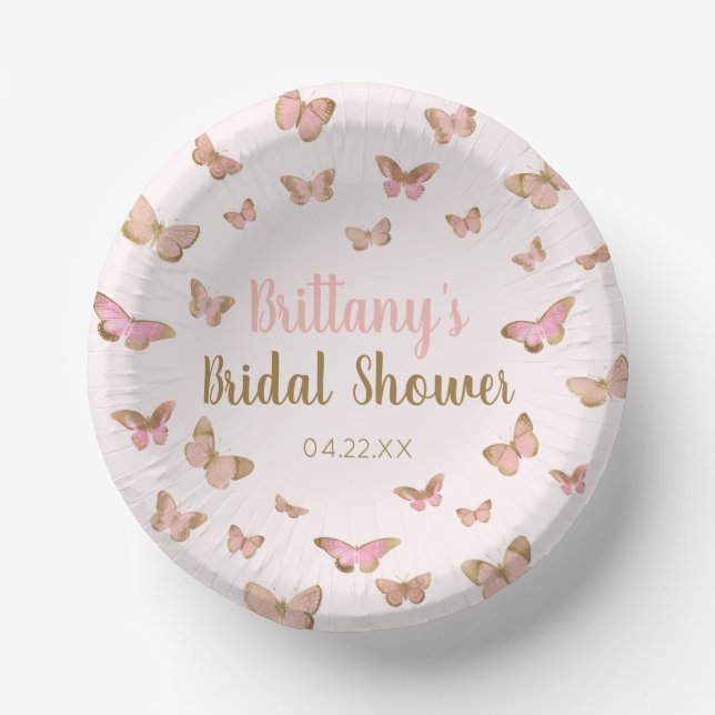 Pink Brown Butterfly Themed Bridal Shower  Paper Plate (Front)