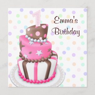 Pink Brown Cake Presents Girls 1st Birthday Party Invitation