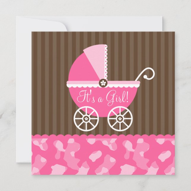 Pink Brown Carriage Camo Girl Baby Shower Invitation (Front)