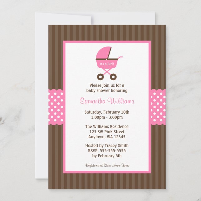Pink Brown Carriage Striped Dots Baby Shower Invitation (Front)