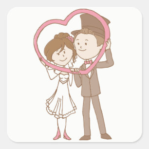 Pink & Brown Cartoon Bride & Groom Wedding Square Sticker