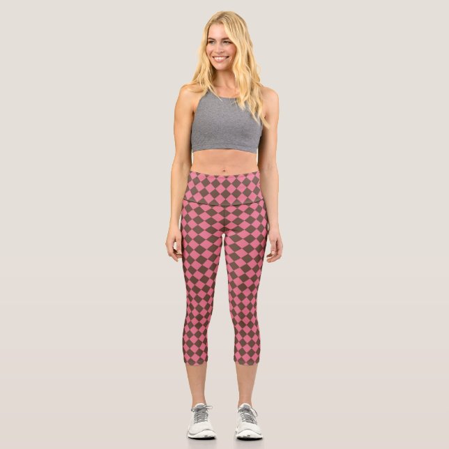Pink Brown Chequered Diamond Pattern Capri Leggings (Front)