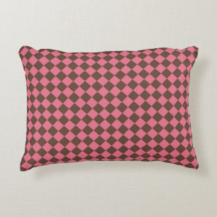 Pink Brown Chequered Diamond Pattern Decorative Cushion