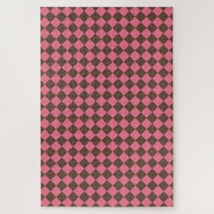 Pink Brown Chequered Diamond Pattern Jigsaw Puzzle
