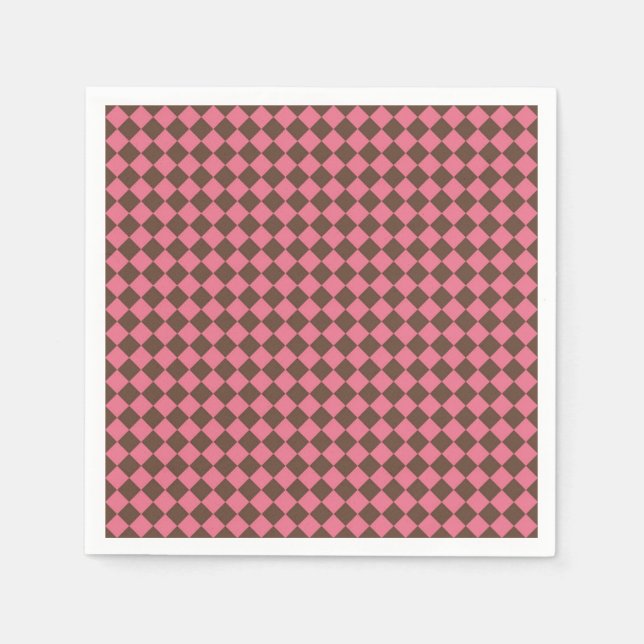 Pink Brown Chequered Diamond Pattern Paper Napkin (Front)