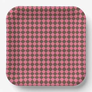Pink Brown Chequered Diamond Pattern Paper Plate