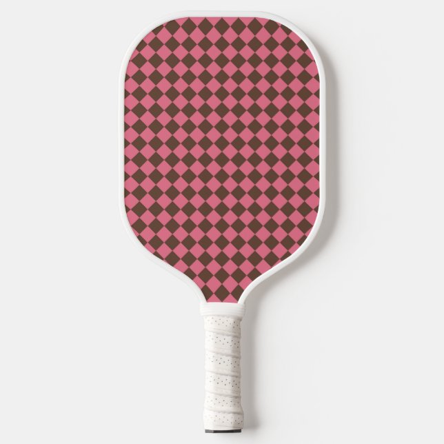 Pink Brown Chequered Diamond Pattern Pickleball Paddle (Front)