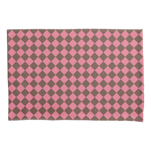 Pink Brown Chequered Diamond Pattern Pillowcase (Front)
