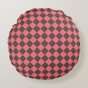 Pink Brown Chequered Diamond Pattern Round Cushion