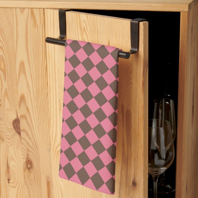 Pink Brown Chequered Diamond Pattern Tea Towel (Thirds Fold)