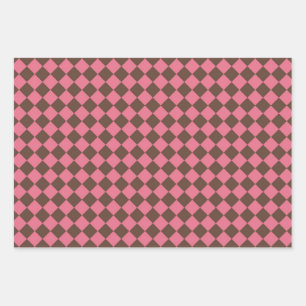 Pink Brown Chequered Diamond Pattern Wrapping Paper Sheet