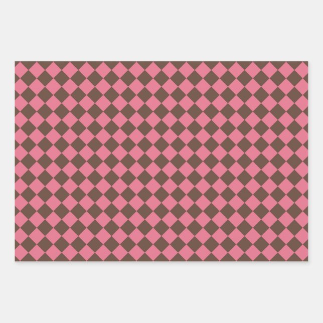 Pink Brown Chequered Diamond Pattern Wrapping Paper Sheet (Front)