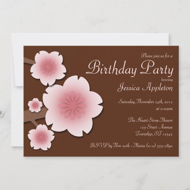 Pink & Brown Cherry Blossom Birthday Party Invitation (Front)